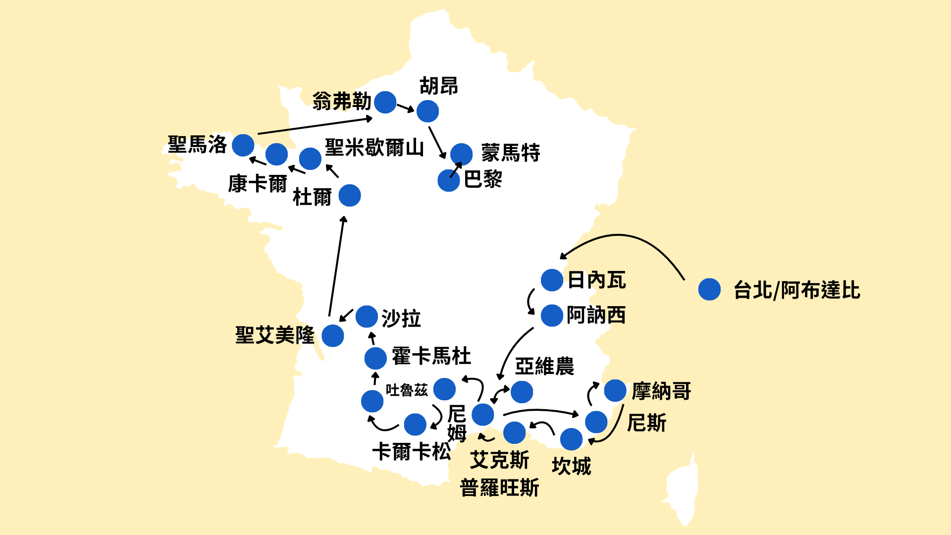 法蘭西帝國全覽20日行程地圖