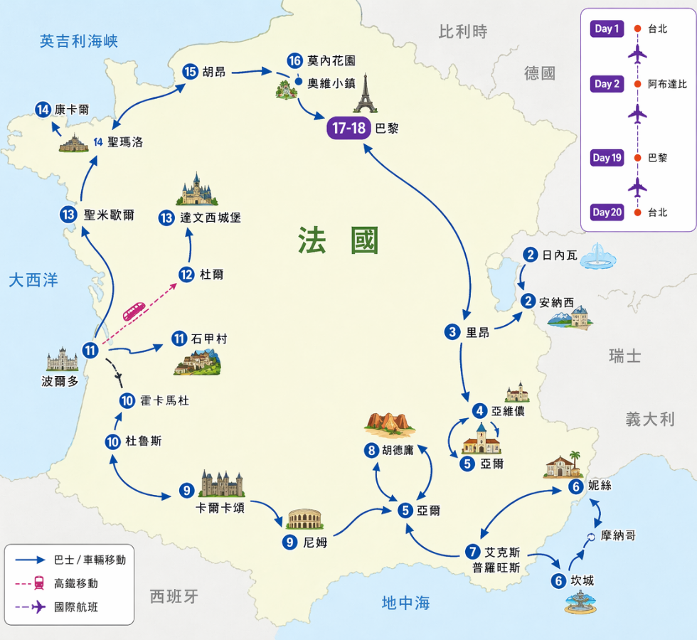 法蘭西帝國全覽20天行程地圖