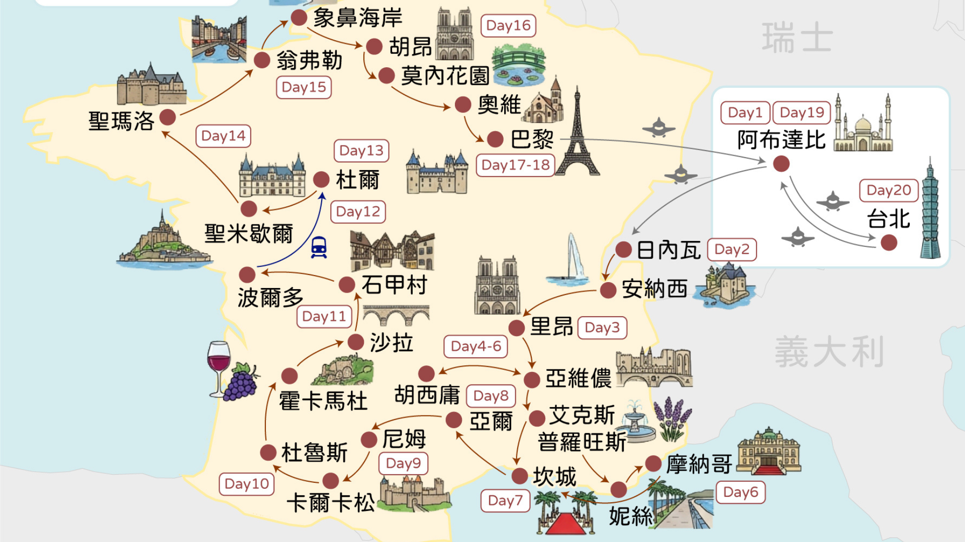 法蘭西帝國全覽20天行程地圖